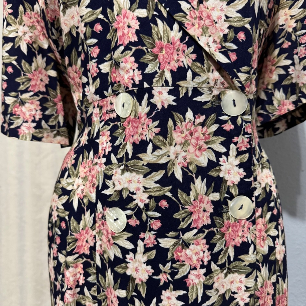 Betsy's Things Vintage 90s Floral Maxi Dress XL Navy Double Breasted Cottagecore - Picture 5 of 16